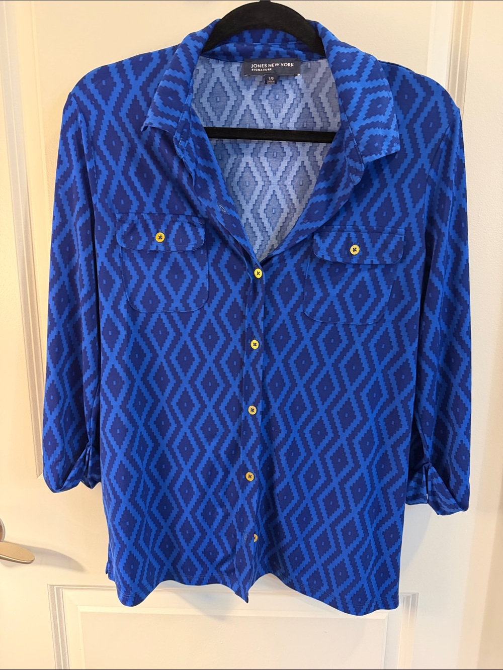 Jones New York Royal Blue Geometric Print Button-Down Shirt